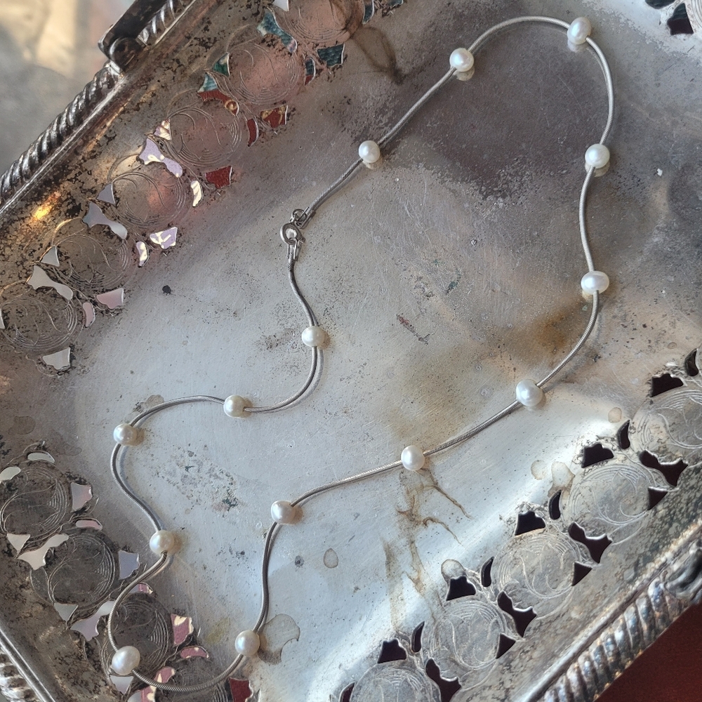 Sterling Silver Genuine Pearl Necklace & Tray Vintage